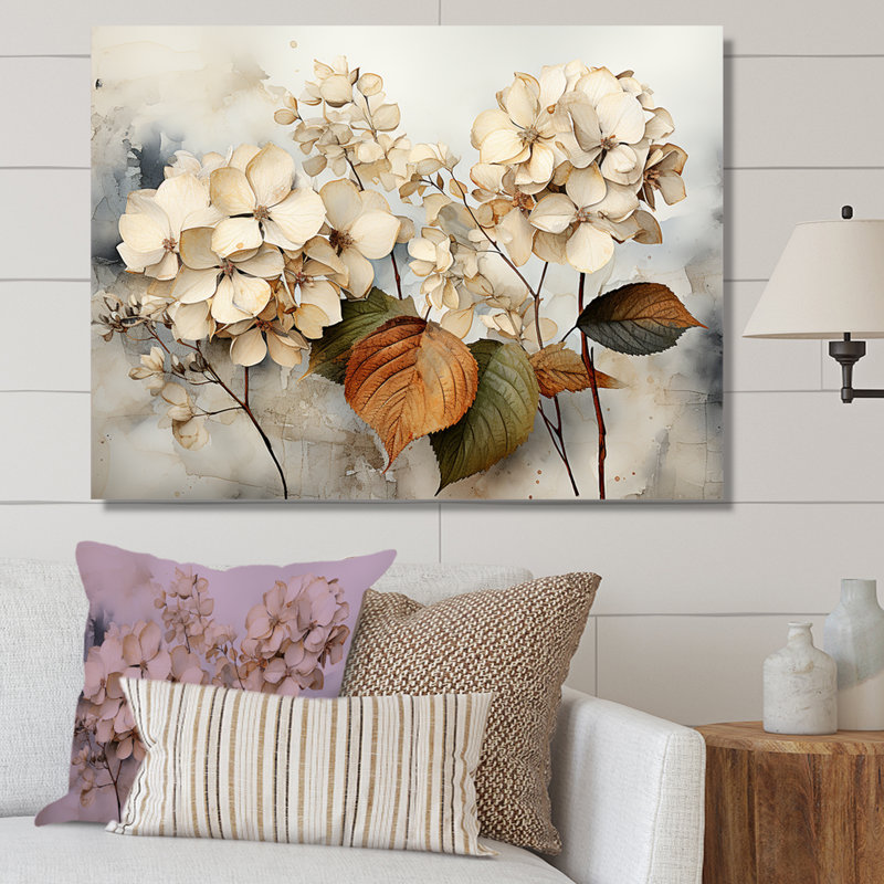 Hortensias botaniques rétro - impression, Toile tendue, 34" H x 44" W