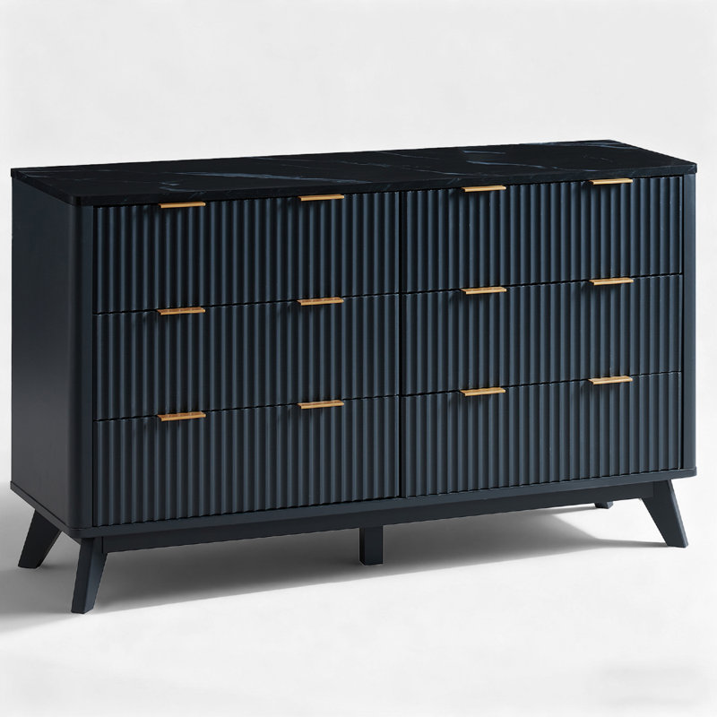 6 Drawers Dresser With Faux Marble Top & Curved Design, Dark Gray