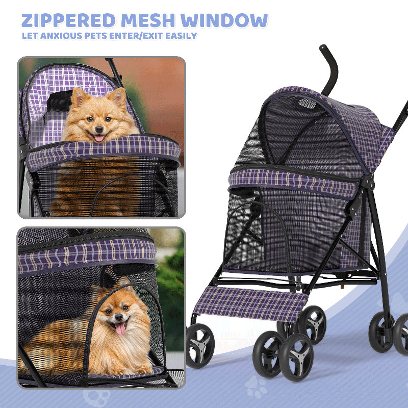 Plaid Steel Frame Foldable Pet Stroller with Rubber Wheels