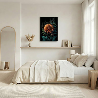 Grande fleur de dahlia en bronze avec feuilles bleu sarcelle sur toile noire