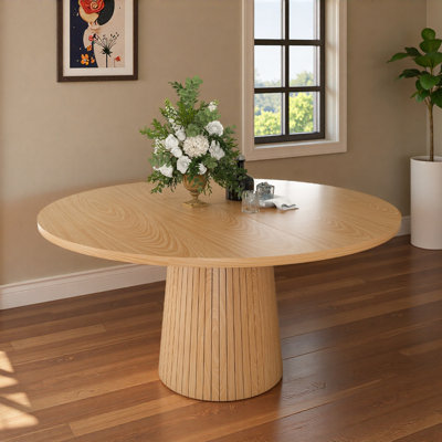 47 inch Round MDF Dining Table for 4, Modern Farmhouse Kitchen Table with Wood Strip Base, Circle Table for Kitchen and Living Room