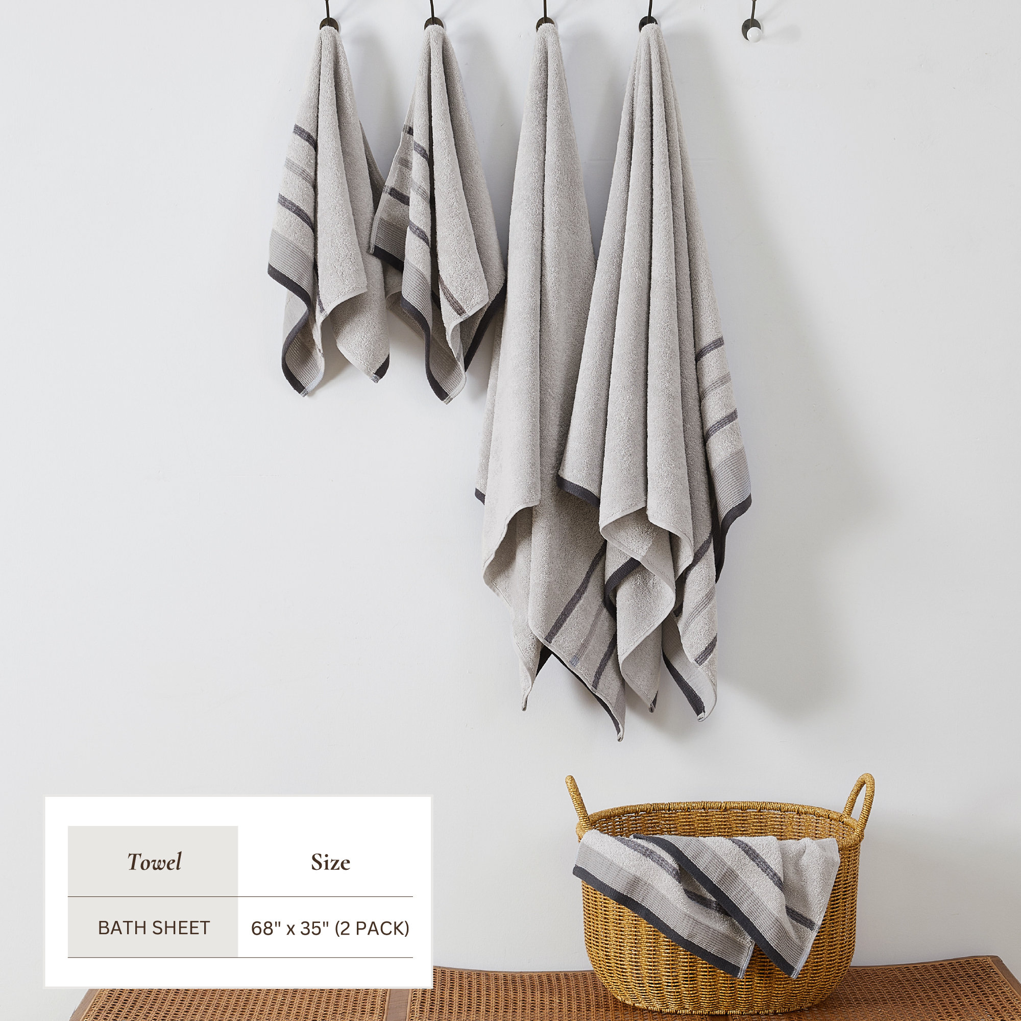 Deanthony Luxury Cotton Decorative, Bath Sheets - 2 Pack, Light Gray/Mid Gray/Dark Gray