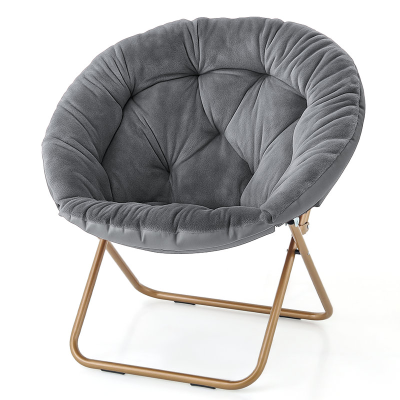 ​​300Lb Capacity Folding Saucer Chair 33" Round Metal Frame Synthetic Fur​​ Lounge Chair X-Base 6.5" Fold Depth, Brown