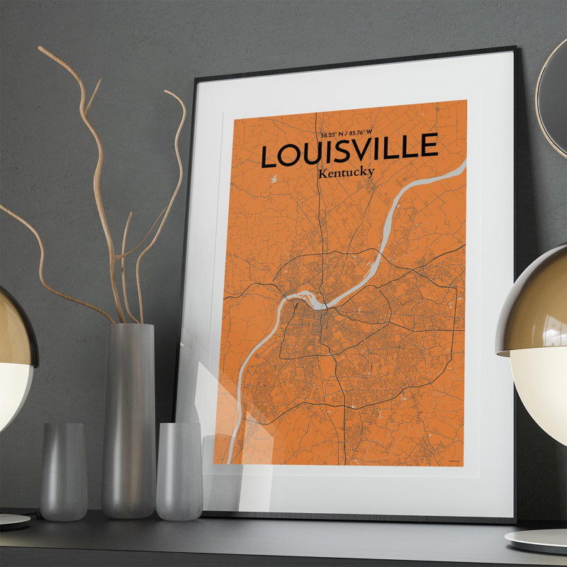 «Louisville City Map», impression, H 36 po x l 24 po, Orange / gris