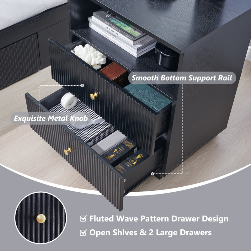 Fluted End Table with Charging Station, 21.65" Wide Side Table with 2 Drawers, Black