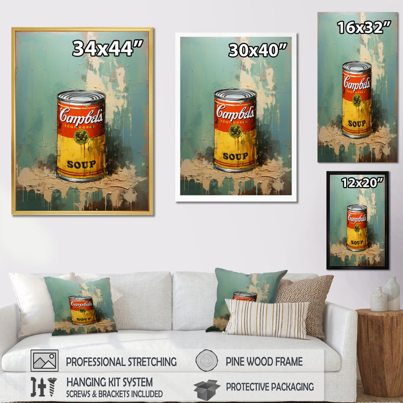 Popart Soup Sensation I - Art abstrait sur toile_105855, Cadre flottant doré, H 20 po x l 12 po