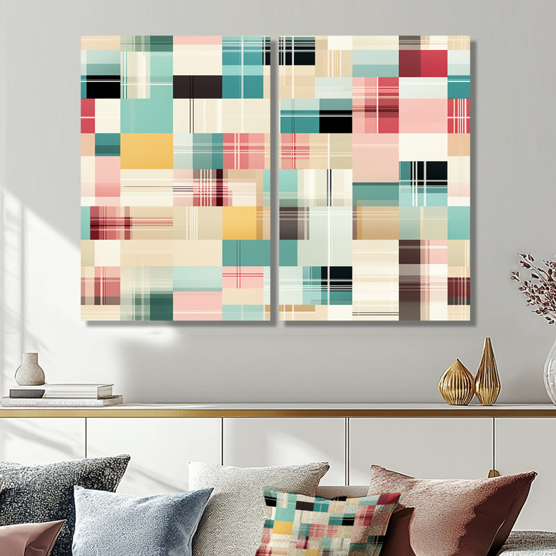 Motif rétro à carreaux pastel 2 pièces, H 36 po x l 48 po, Toile tendue sur cadre, Ne s’applique pas