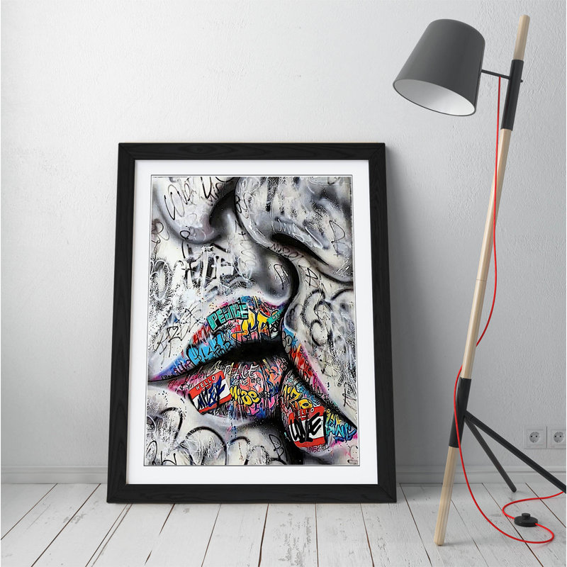 Lovers Kiss Graffiti - Single Picture Frame Print on Canvas, Black, 89cm H x 64cm W 