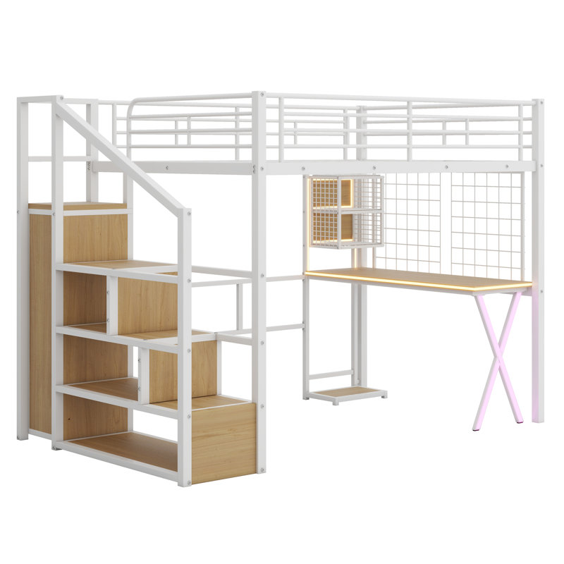 Lit mezzanine en métal avec poste de travail intégré, garde-robe, escalier de rangement et DEL, Double