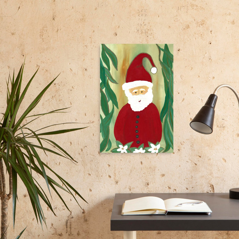 Festive Santa Folk Art Traditional Abstract Winter Flower Wall Art Print 1 Piece Wrapped Canvas Wall Art