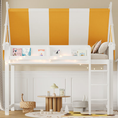 Space-saving White Wood Loft Bed With Storage And Led Lights For Kids