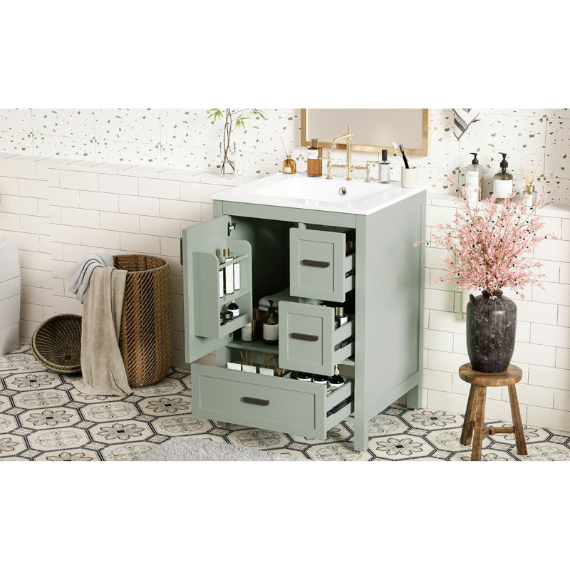 Meuble-lavabo de 24 pouces avec pieds en bois massif, panneaux et cadre de tiroir spacieux, portes et espace sous l'évier spacieux