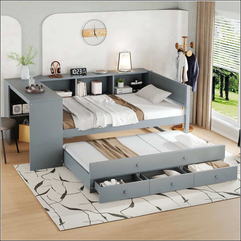 Lit de jour simple avec lit gigogne, Gris, Lit simple