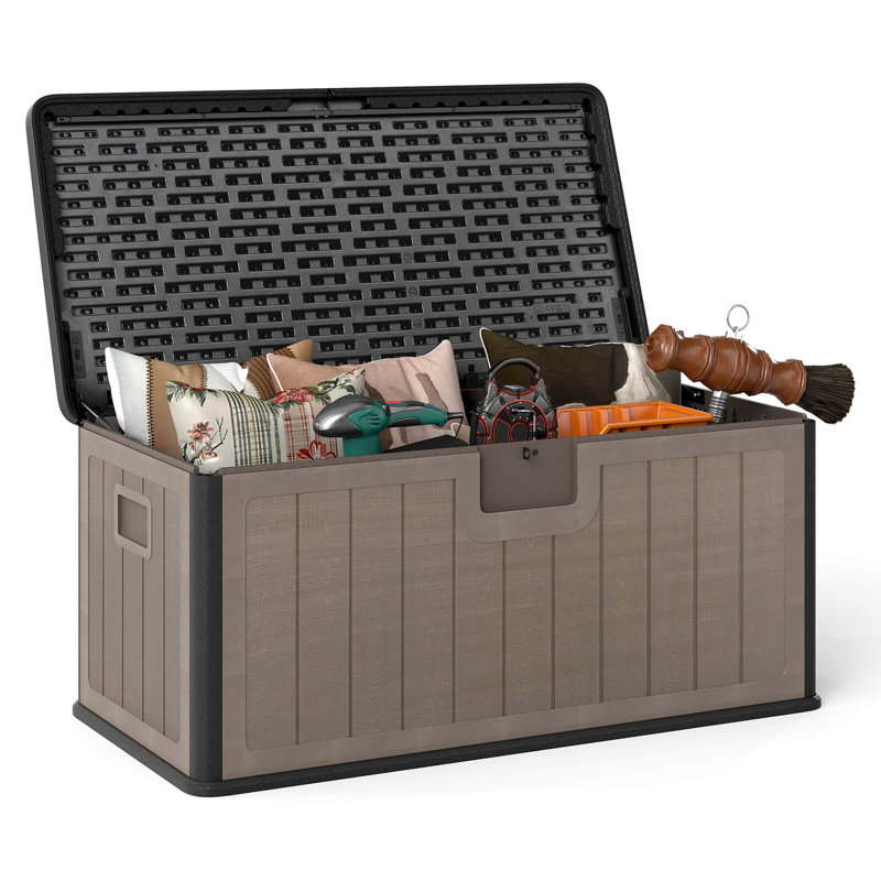 Storage Box with Lockable Design & Gas Strut Handle 2 Person Bench Garden Organizer, Black/Brown