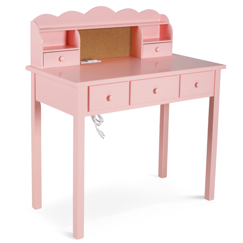 Mailiah Solid Wood Base Writing Desk with Power Outlet, Pink