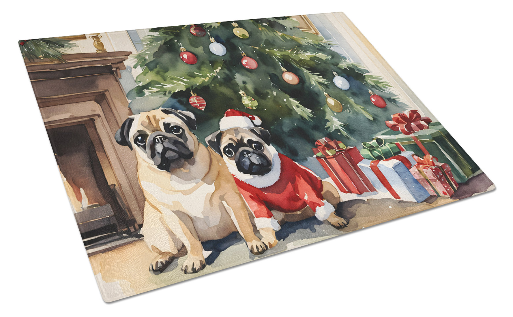 Caroline's Treasures Pug Cozy Christmas Glass Cutting Board Large