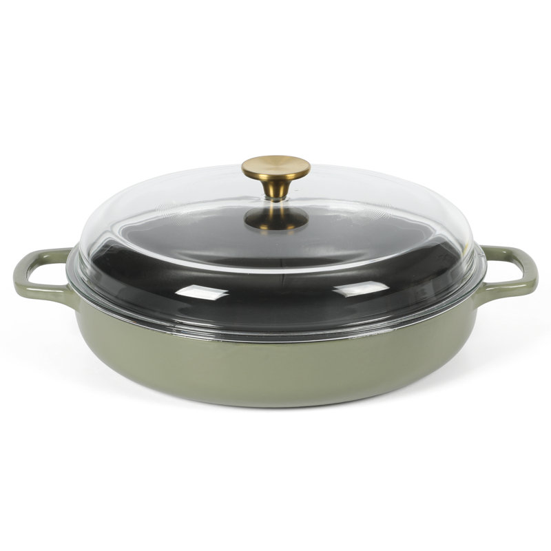 Green Enameled Cast Iron Round Braiser with Glass Lid