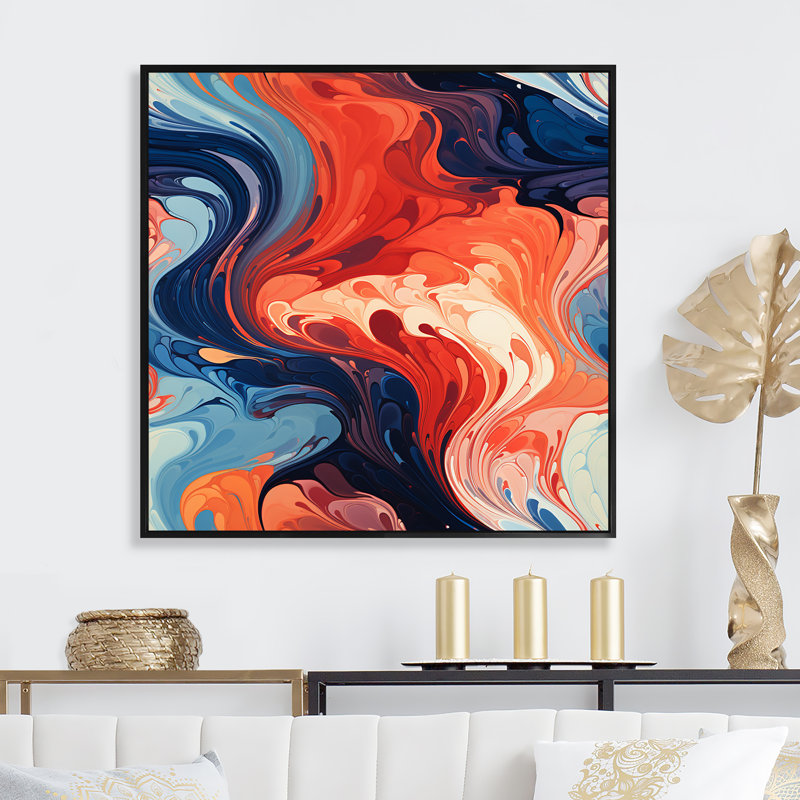 Bleu et orange, liquide, encre de rivière IV - encre liquide, art mural abstrait, Cadre flottant noir