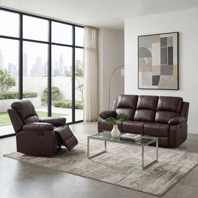 Rova Brown Vegan Leather  Manual Recling 2-Pieces Living Room Sofa And Chair (Set Of 2)