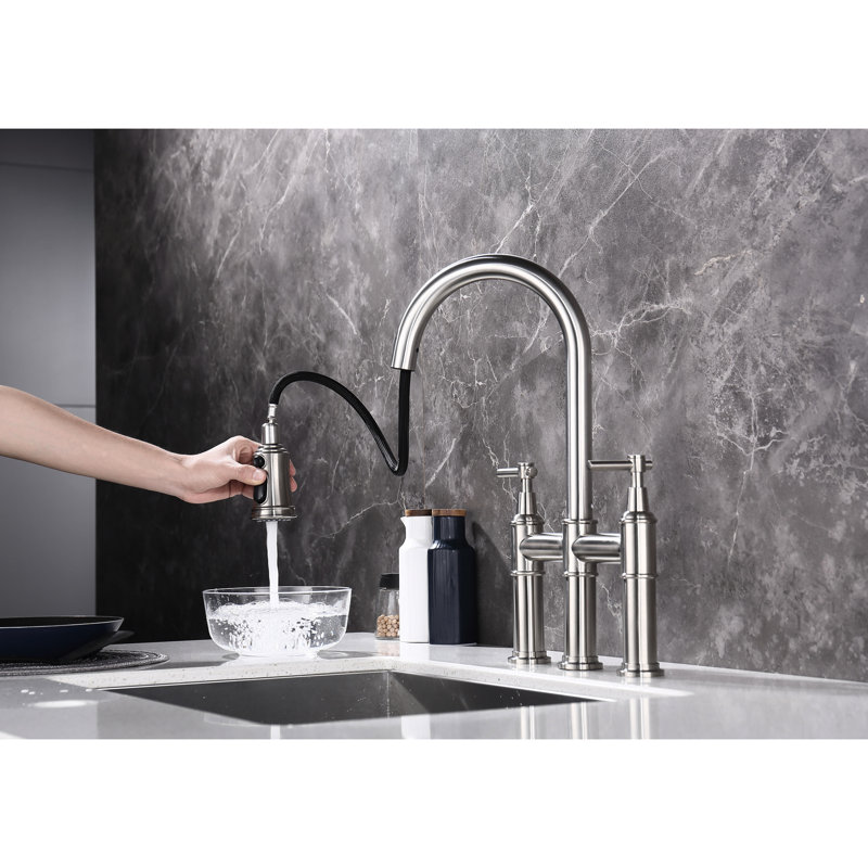 Spot Brushed Nickel Kitchen Faucet With Pull-Down , Dual Handle For Fine Flow And Temperature Management, 360-Degree Rotatable High Nozzle, Brass Made, Noise- Unrestricted Water Aerator Bridge Tap