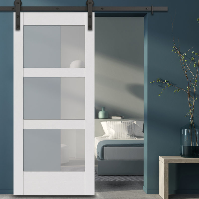 White Frosted Glass Paneled MDF Barn Door, 37'' x 84''