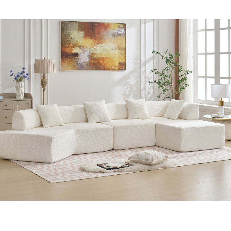 Canapé blanc en forme de L 140 po avec méridienne, 4 sièges - aucun assemblage requis, ameublement moderne, 4 pièces