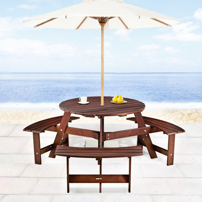Table de pique-nique pour 6 personnes avec bancs - Trou de parasol, temps, brun, pour utilisation dans le jardin