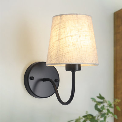 1-Light Dimmable Rustic Bath Sconce Wall Light With Linen Beige Fabric Lampshade For Toilet, Hallway, Staircase, Living Room, Bathroom Dining Room