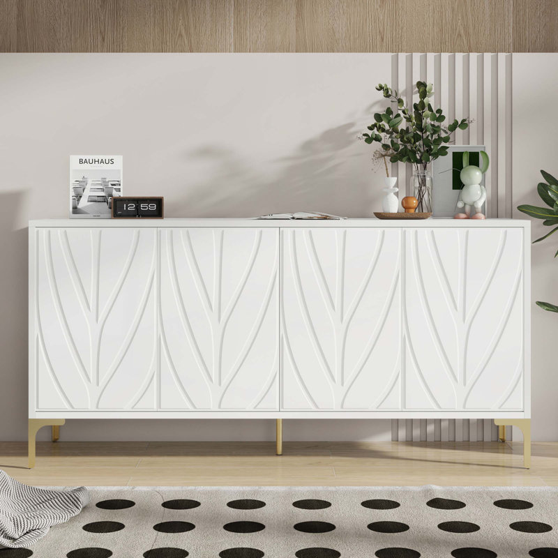 Wood Console Table with  Carved 4-door Sideboard,2 Shelves