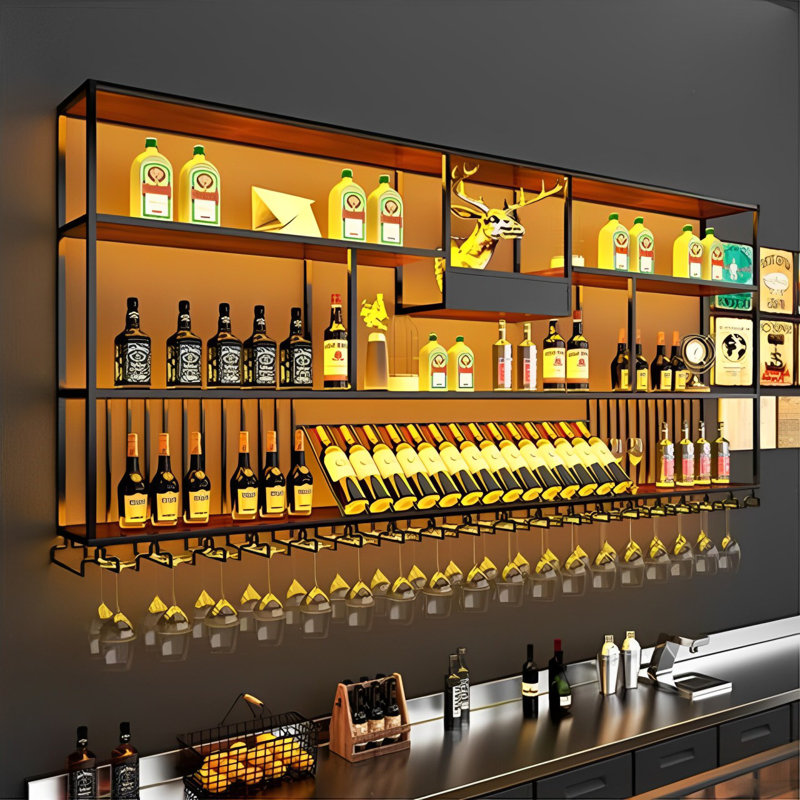 Multi-tier simple wall mounted wine rack, 47.2" H x 98.4" W x 7.8" D