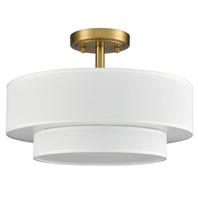 Gold LED Semi Flush Mount Light with Dual Drum Fabric Shade