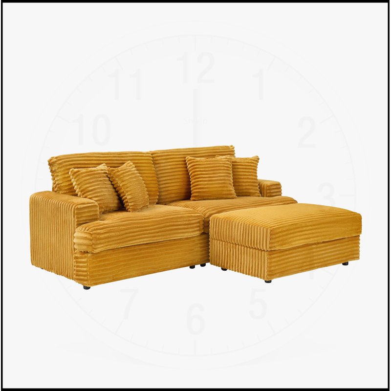 Canapé 88,58 pouces en velours côtelé orange avec un seul pied de rangement et quatre coussins, doux et élégant pour une détente confortable