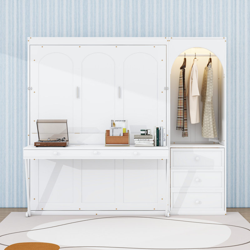Grand lit escamotable en bois avec placard intégré, 3 tiroirs et éclairage DEL, White