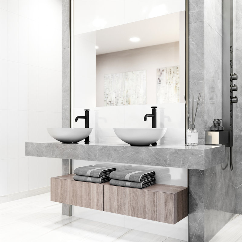Lotus 16" L x 16" W x 5" H Round White Matte Stone™ Vessel Bathroom Sink with 12" H Faucet