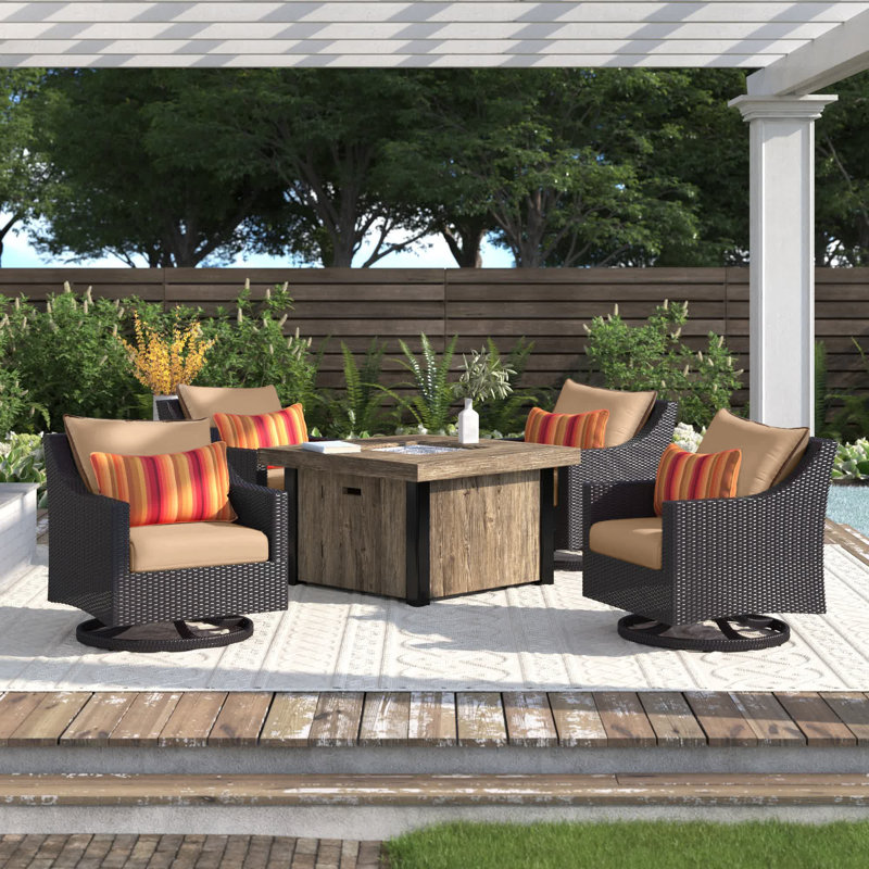Fionnula 5 Piece Rattan Multiple Chairs Seating Group With Sunbrella Cushion Covers, Canvas Heather Beige Sunbrella® Canvas