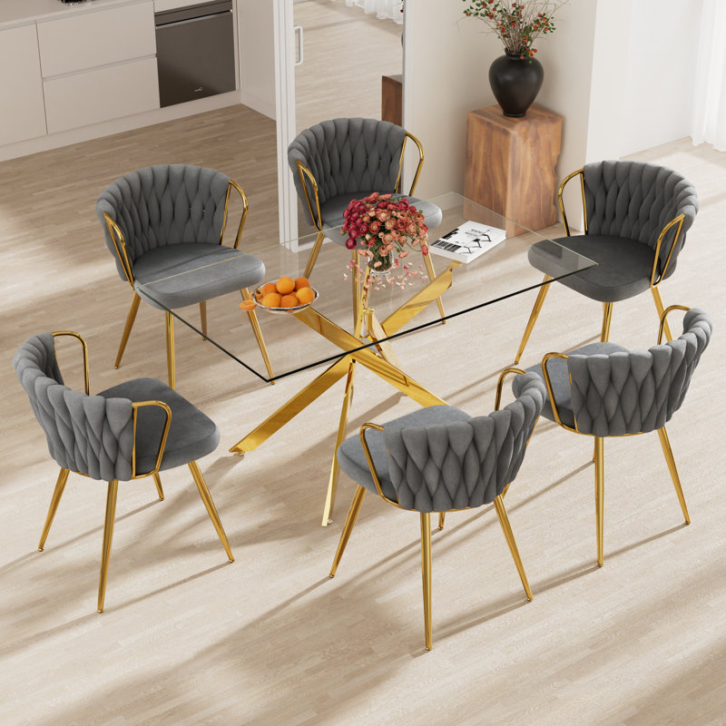 Ensemble de table de salle à manger Elegant, 7 pièces : table, 6 chaises, Gris, Doré