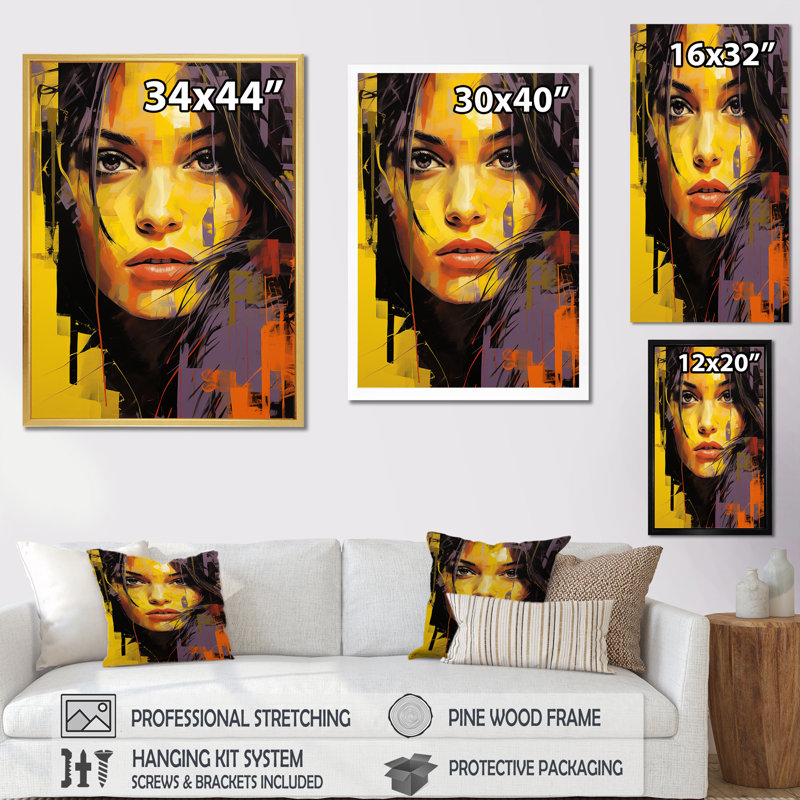 Violet Vergara Portrait Popart sur impression sur toile, H 32 po x l 16 po x P 1 po, Cadre doré simple