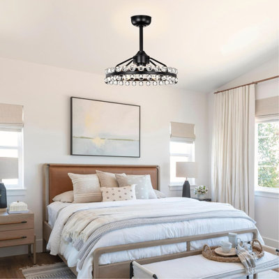 Ventilateurs de plafond en cristal 21 "avec lumières et télécommande, ventilateur de plafond moderne en cage avec lumière, ventilateur encastré noir avec pales réversibles 7 pales 6 vitesses pour la salle à manger