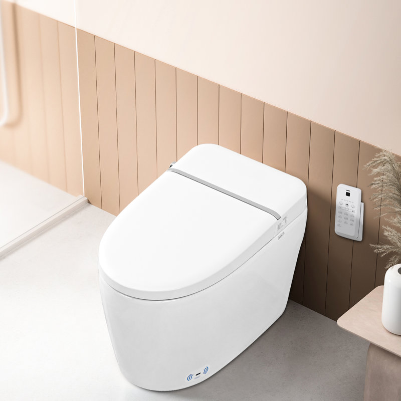 Toilette intelligente en céramique avec buse autonettoyante, siège chauffant, nuit, chasse d'eau à bouton, télécommande, ralentissement silencieux, fermeture en douceur, 3 options de chauffage automatique, choix de température de contrôle blanc,