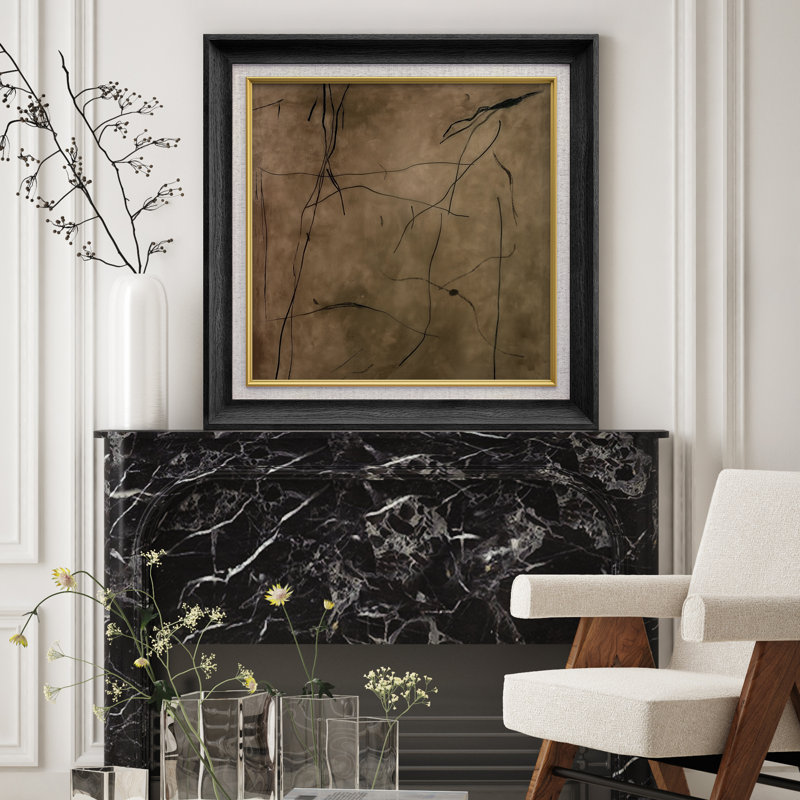«Earthy Tones», art abstrait linéaire sur toile, H 26 po x l 26 po x P 1,5 po, Cadre noir de qualité supérieure