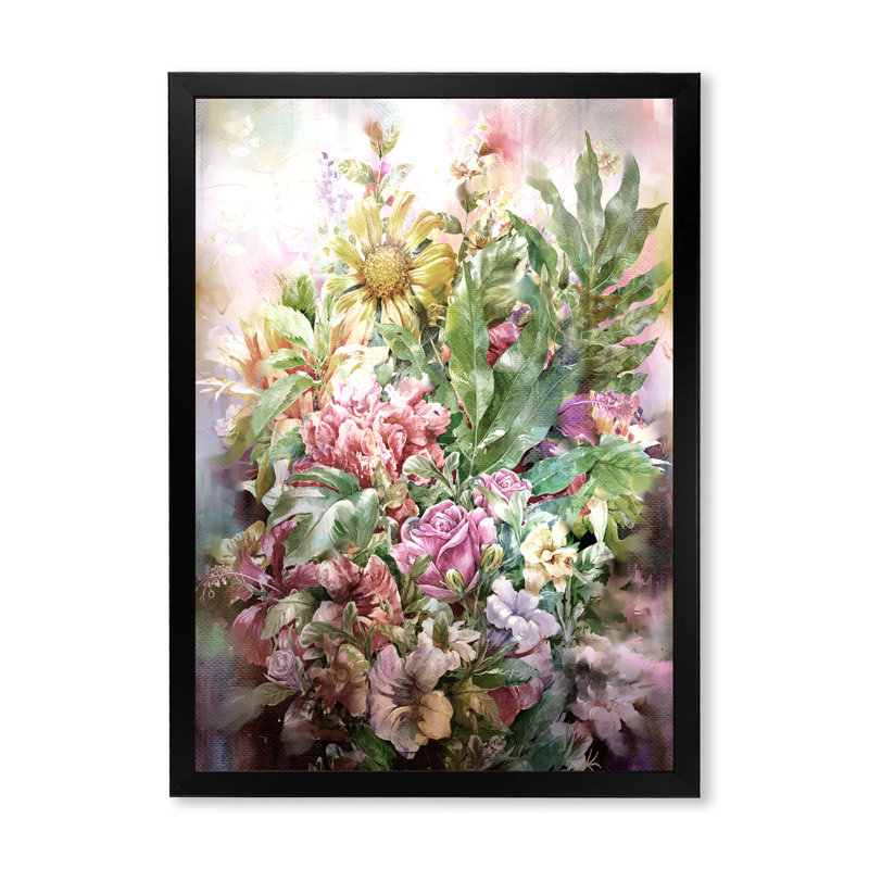Grunge rose gris fleurs d'été VI - œuvre d'art traditionnelle sur toile, H 20 po x l 12 po x P 1 po, Cadre photo noir