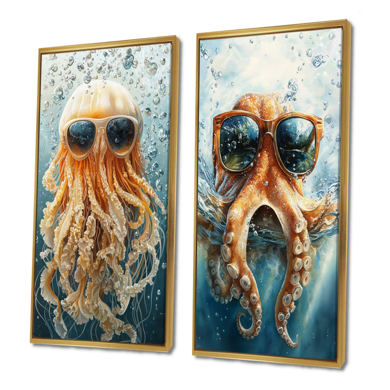 Pieuvre orange avec lunettes dans l'océan I - ensemble d'art mural méduse 2 pièces, H 32 po x l 32 po, Impression encadrée
