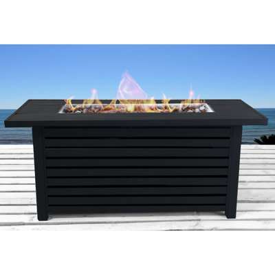 La table de foyer d'extérieur moderne noir - en acier inoxydable, peut accueillir un réservoir de 20 lb, brûle jusqu'à 8 heures, jardin et cour arrière, avec des pierres de couvercle en acier tranquillité, noir