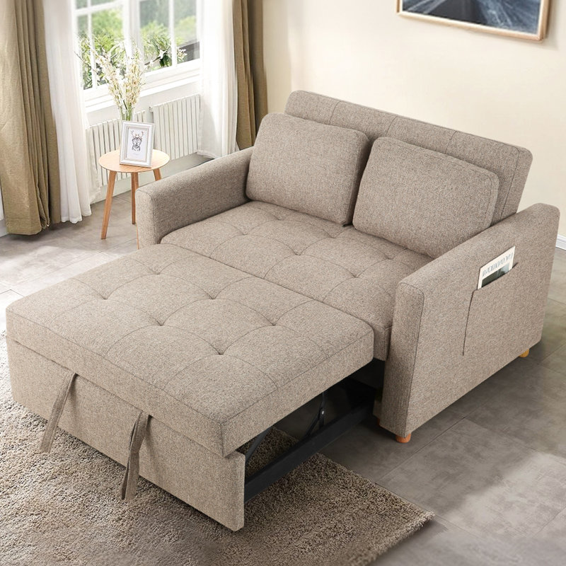 Meit 49" W Convertible Sleeper Sofa 3-In-1, Brown Grey Linen