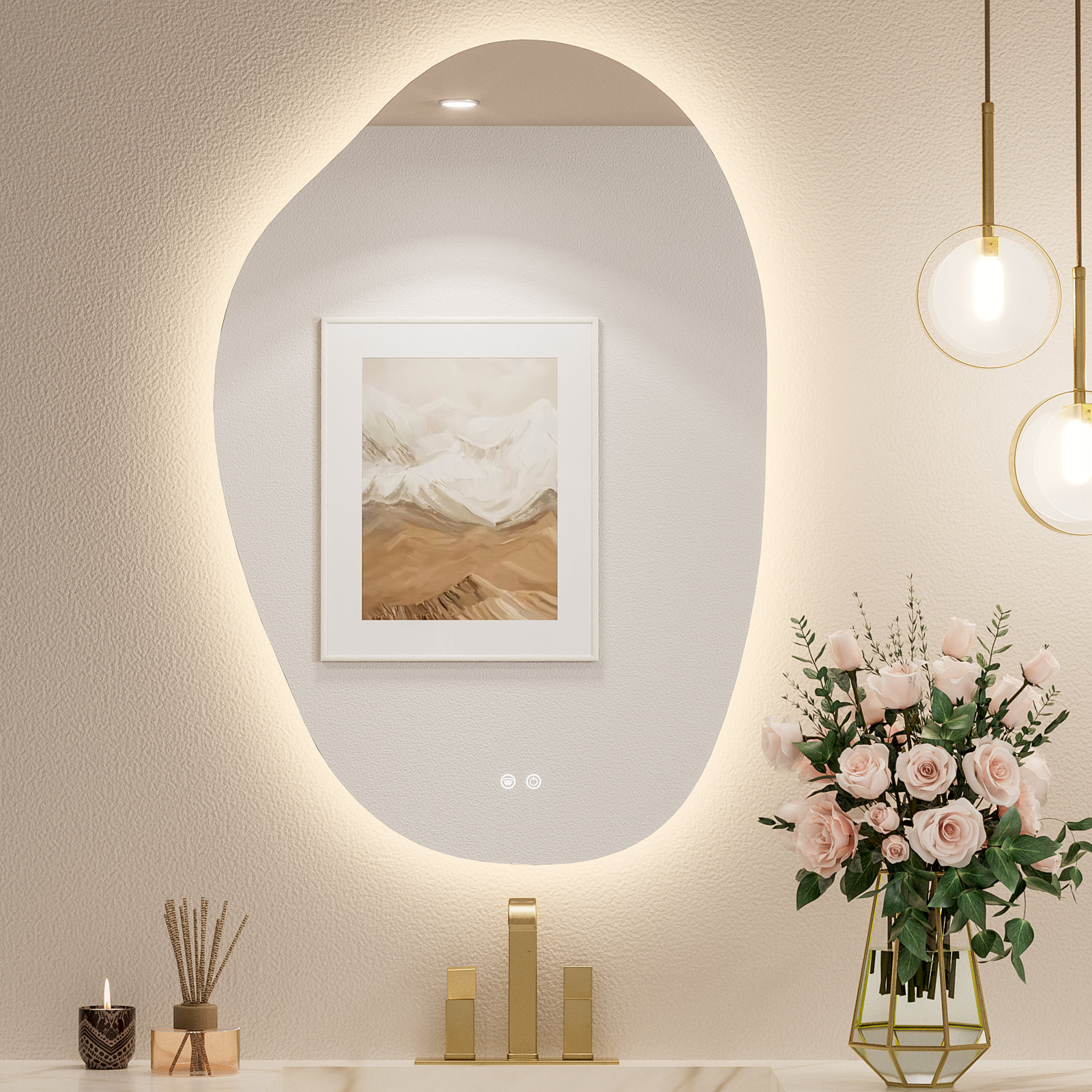 Irregular Backlit Mirror Asymmetrical Framelss Bathroom Mirror with Light,Dimmable,Anti-Fog,Shatterproof, 36" x 24"