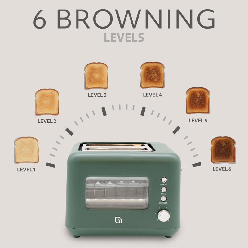 WILLOW Kitchen 2-Slice Toaster with Window - Perfect for Toasted Bagels, Compact Design, Crumb Tray - BURGUNDY, Green