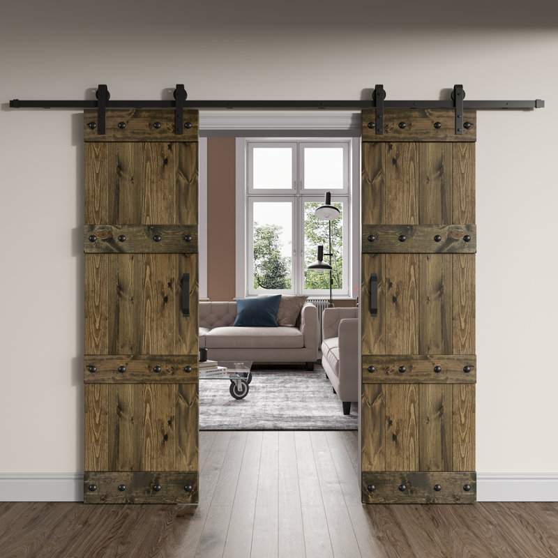 Porte de grange coulissante double en bois de pin avec trousse de quincaillerie Castle Series, Tonneau vieilli, 48 po x 84 po