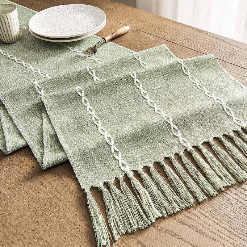 Green Braided Linen Polyester Table Runner with Tassels