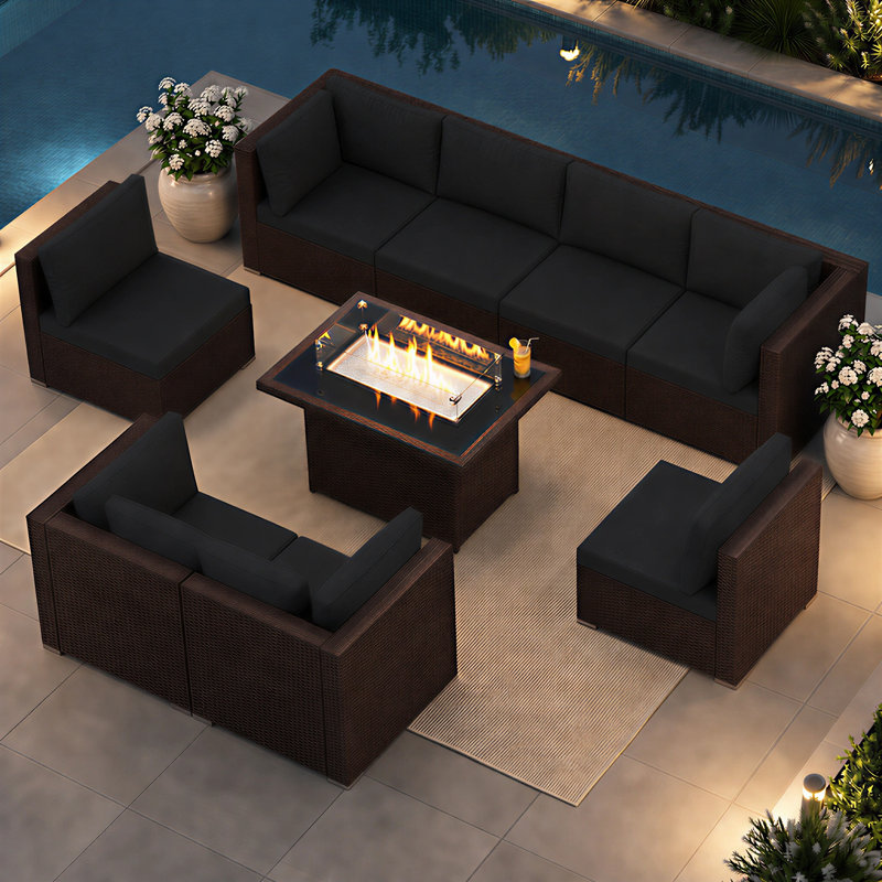 Ensemble de conversation de patio en osier 9 pièces avec table de foyer rectangulaire modulaire, double combustible, 60 000 BTU