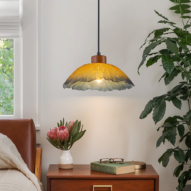 1-Light Dimmable Amber Floral Pendant with Prismatic Glass Shade